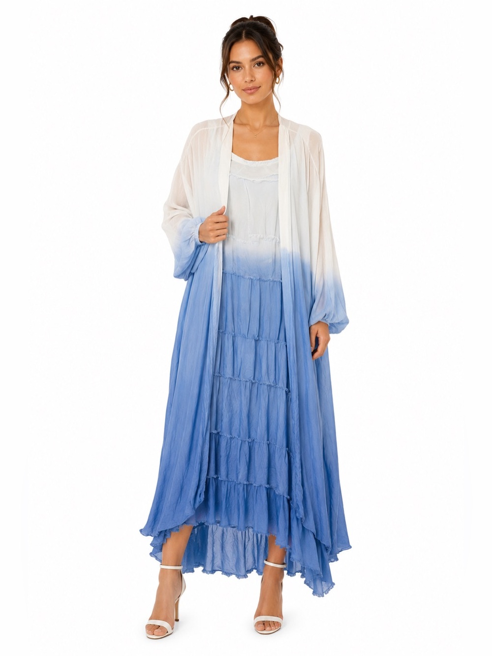 Made in Italy Silk Blend Ombre Maxi Dress & Duster Set Lagenlook Blue Lt Blue L - Picture 1 of 10